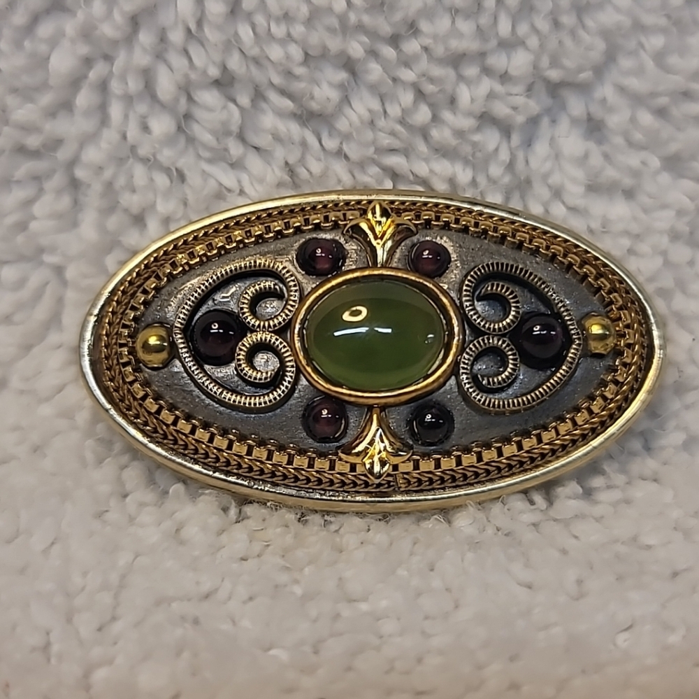 Vintage MICHAL GOLAN Silver & Gold Tone Oval Pin Brooch Pendant Gemstones